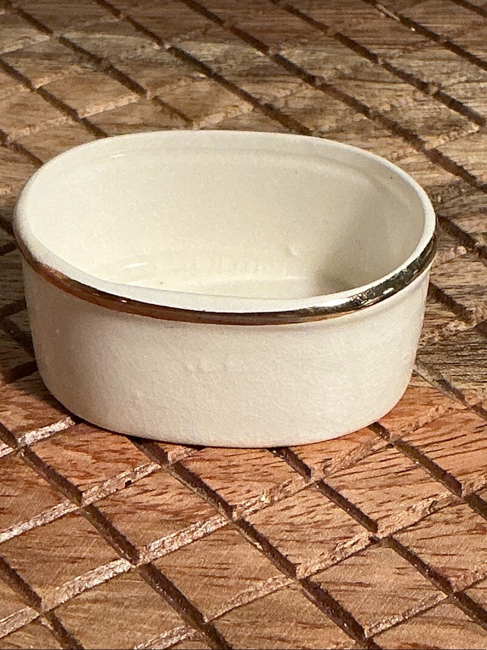 Antique Cream Ceramic Miniature Trinket Dish with Gold Rim by Japan numbered pc.